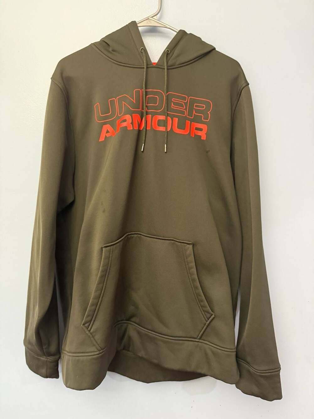Under Armour Hoodie Size LG Olive Green Orange Pullover Pocket